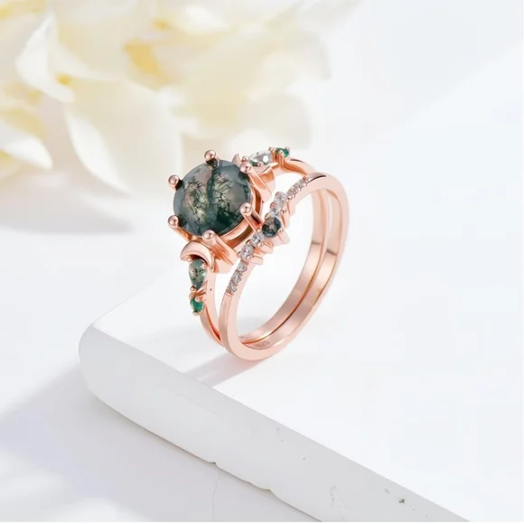 Natural Moss Agate Engagement Ring Set 925 Sterling silver - Picture 3 of 8